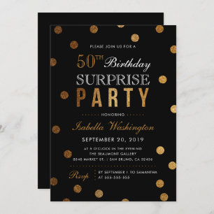 Gold Confetti & Black Surprise Birthday Party Kaart