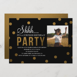 Gold Confetti & Black Surprise Party Kaart