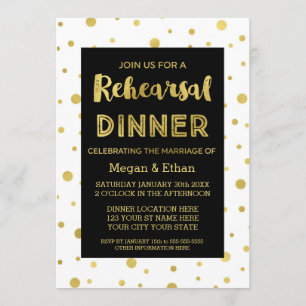 Gold Confetti Black White Rehearings Dinner Party Kaart