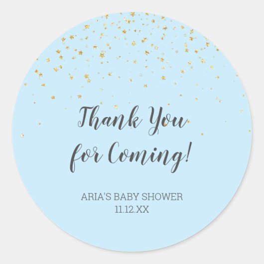 Gold Confetti Blue Baby shower Favor Ronde Sticker (Voorkant)