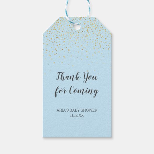 Gold Confetti Blue Baby shower Hartelijk dank Cadeaulabel (Voorkant)