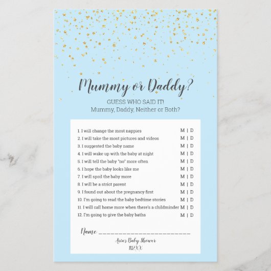 Gold Confetti Blue Baby shower Mummy of papa Game Flyer (Voorkant)