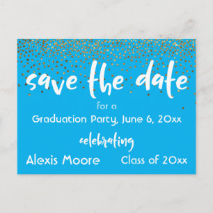 Gold Confetti Blue Graduation Party Save the Date Aankondigingskaart
