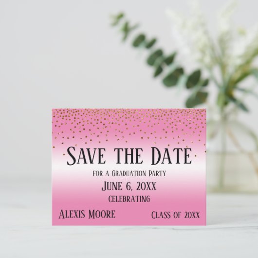 Gold Confetti Blue Graduation Party Save the Date Briefkaart (Staand voorkant)