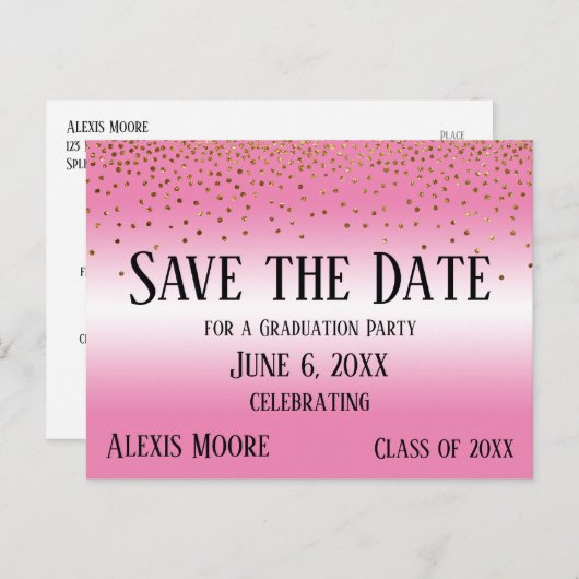Gold Confetti Blue Graduation Party Save the Date Briefkaart (Voorkant / Achterkant)