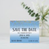 Gold Confetti Blue Graduation Party Save the Date Briefkaart (Staand voorkant)