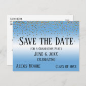 Gold Confetti Blue Graduation Party Save the Date Briefkaart (Voorkant / Achterkant)