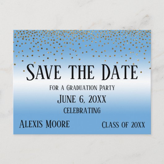 Gold Confetti Blue Graduation Party Save the Date Briefkaart (Voorkant)