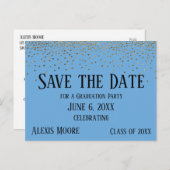 Gold Confetti Blue Graduation Party Save the Date Briefkaart (Voorkant / Achterkant)