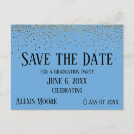 Gold Confetti Blue Graduation Party Save the Date Briefkaart
