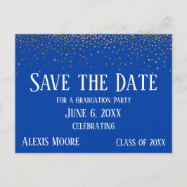Gold Confetti Blue Graduation Party Save the Date Briefkaart
