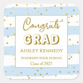 Gold Confetti Blue Stripes Afstuderen Square Vierkante Sticker (Voorkant)