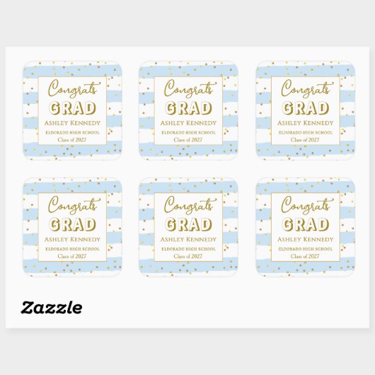 Gold Confetti Blue Stripes Afstuderen Square Vierkante Sticker (Vel)