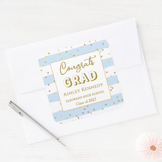 Gold Confetti Blue Stripes Afstuderen Square Vierkante Sticker (Envelop)