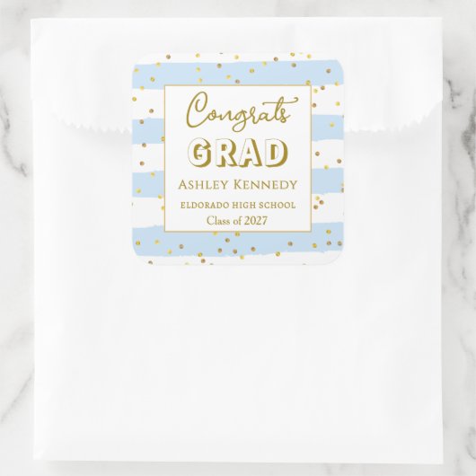 Gold Confetti Blue Stripes Afstuderen Square Vierkante Sticker (Tas)