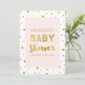 Gold Confetti Blush Pink Baby Shower Invitaties Kaart (Staand voorkant)