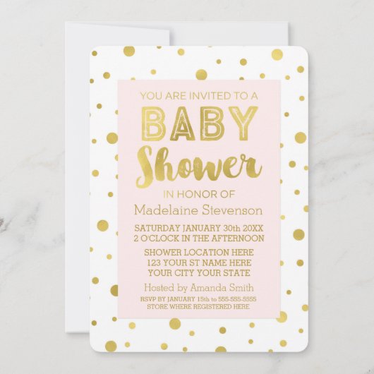 Gold Confetti Blush Pink Baby Shower Invitaties Kaart (Achterkant)