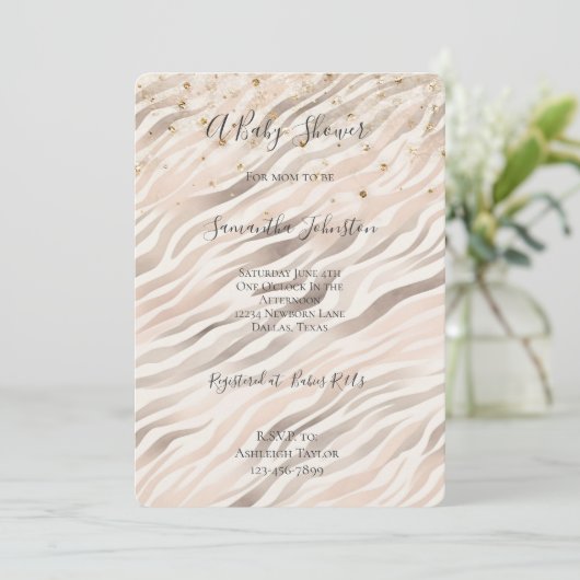 Gold Confetti Blush Pink Zebra Baby Shower Kaart (Staand voorkant)