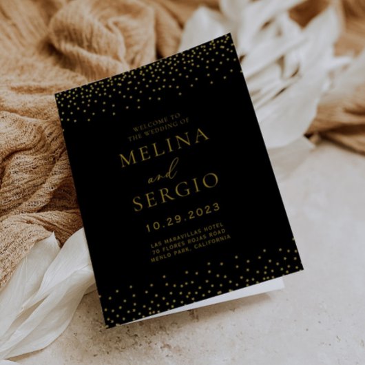 Gold Confetti Boho Black Folded Wedding Programma