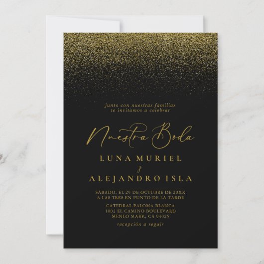 Gold Confetti Boho Black Nuestra Boda Wedding Kaart (Voorkant)
