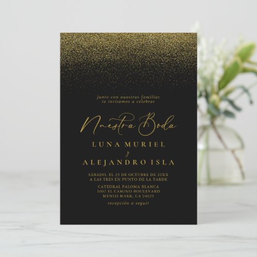 Gold Confetti Boho Black Nuestra Boda Wedding Kaart (Staand voorkant)