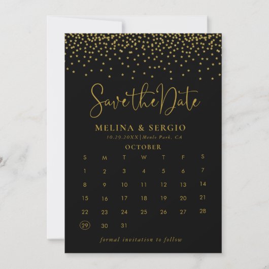 Gold Confetti Boho Black Save the Date Calendar (Voorkant)