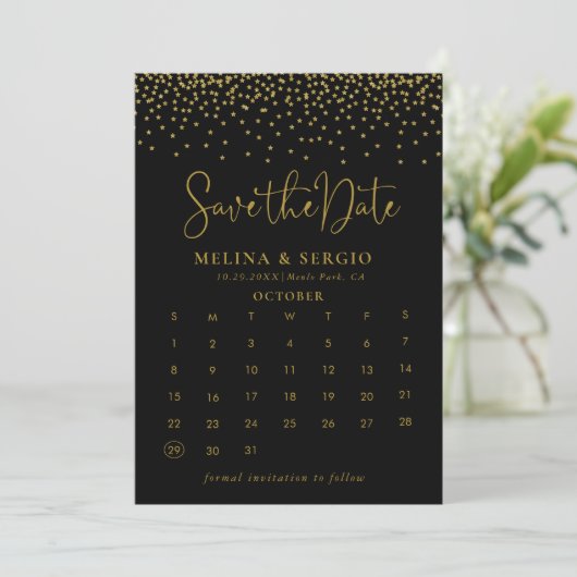 Gold Confetti Boho Black Save the Date Calendar (Staand voorkant)