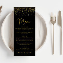 Gold Confetti Boho Black Wedding Menu