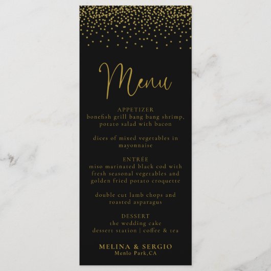Gold Confetti Boho Black Wedding Menu (Voorkant)