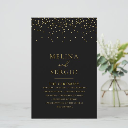 Gold Confetti Boho Black Wedding-programma (Staand voorkant)
