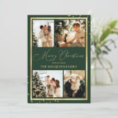 Gold Confetti Border Green Photo Collage Kerstmis Feestdagenkaart (Staand voorkant)