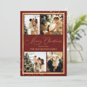 Gold Confetti Border Red Photo Collage Kerstmis Feestdagenkaart (Staand voorkant)