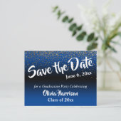 Gold Confetti Bright Blue Afstuderen Save the Date Briefkaart (Staand voorkant)