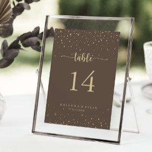 Gold Confetti Brown Calligraphy Wedding Kaart