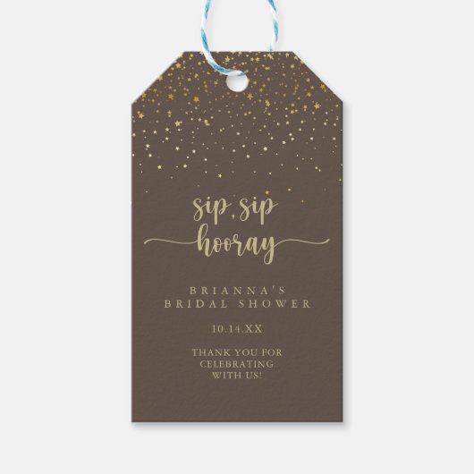 Gold Confetti Brown Sip Sip Hooray Vrijgezellenfee Cadeaulabel (Voorkant)