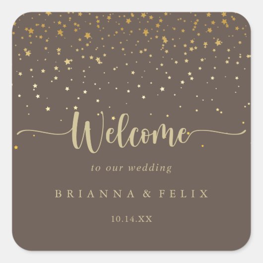 Gold Confetti Brown Weduwschap Welkom Vierkante Sticker (Voorkant)