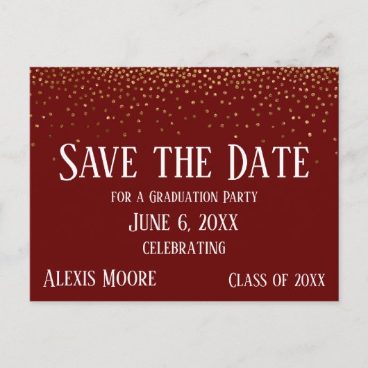 Gold Confetti Burgundy Afstuderen Save the Date Briefkaart (Voorkant)