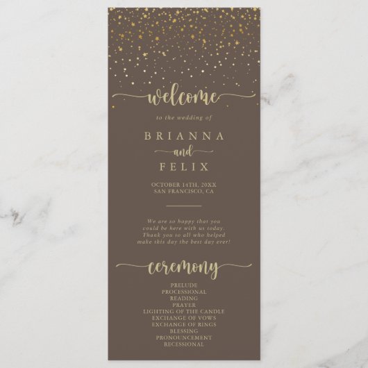 Gold Confetti Calligraphy Brown Wedding Programmakaart (Voorkant)