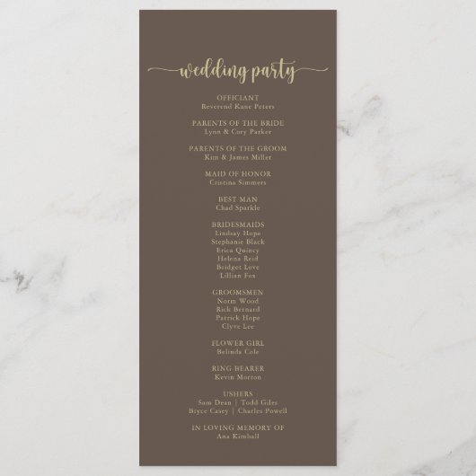 Gold Confetti Calligraphy Brown Wedding Programmakaart (Achterkant)