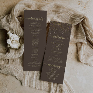 Gold Confetti Calligraphy Brown Wedding Programmakaart