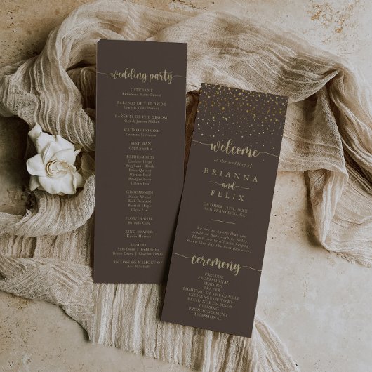 Gold Confetti Calligraphy Brown Wedding Programmakaart