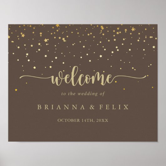 Gold Confetti Calligraphy Brown WedWedding Welcome Poster (Voorkant)