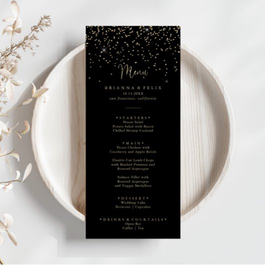 Gold Confetti Calligraphy Fancy Script Dinner Menu