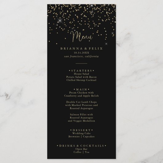 Gold Confetti Calligraphy Fancy Script Dinner Menu (Voorkant)