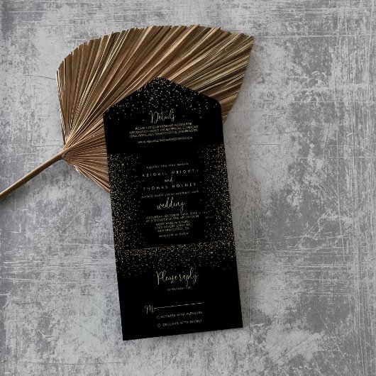 Gold Confetti Calligraphy Fancy Script Wedding All In One Uitnodiging