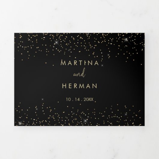 Gold Confetti Calligraphy Fancy Script Wedding Drieluik Uitnodiging (Cover)