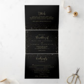 Gold Confetti Calligraphy Fancy Script Wedding Drieluik Uitnodiging (Binnen)