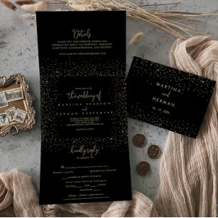 Gold Confetti Calligraphy Fancy Script Wedding Drieluik Uitnodiging