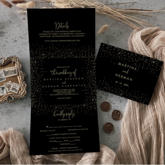 Gold Confetti Calligraphy Fancy Script Wedding Drieluik Uitnodiging