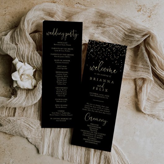 Gold Confetti Calligraphy Fancy Script Wedding Programmakaart